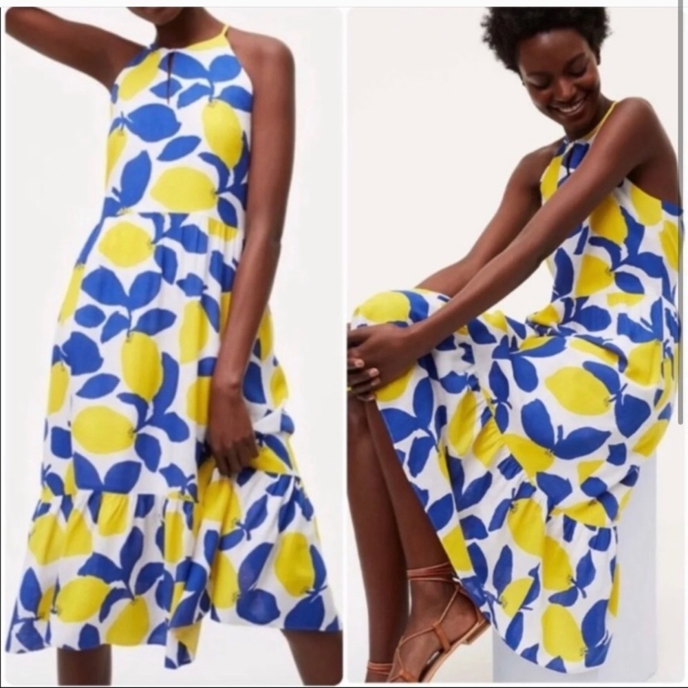 LOFT Sleeveless Halter Midi Ruffle Dress Lemons